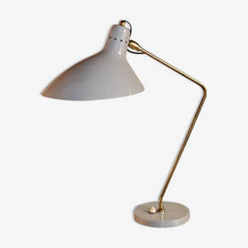 Lampe de bureau vintage en laiton et métal laqué gris, 1950