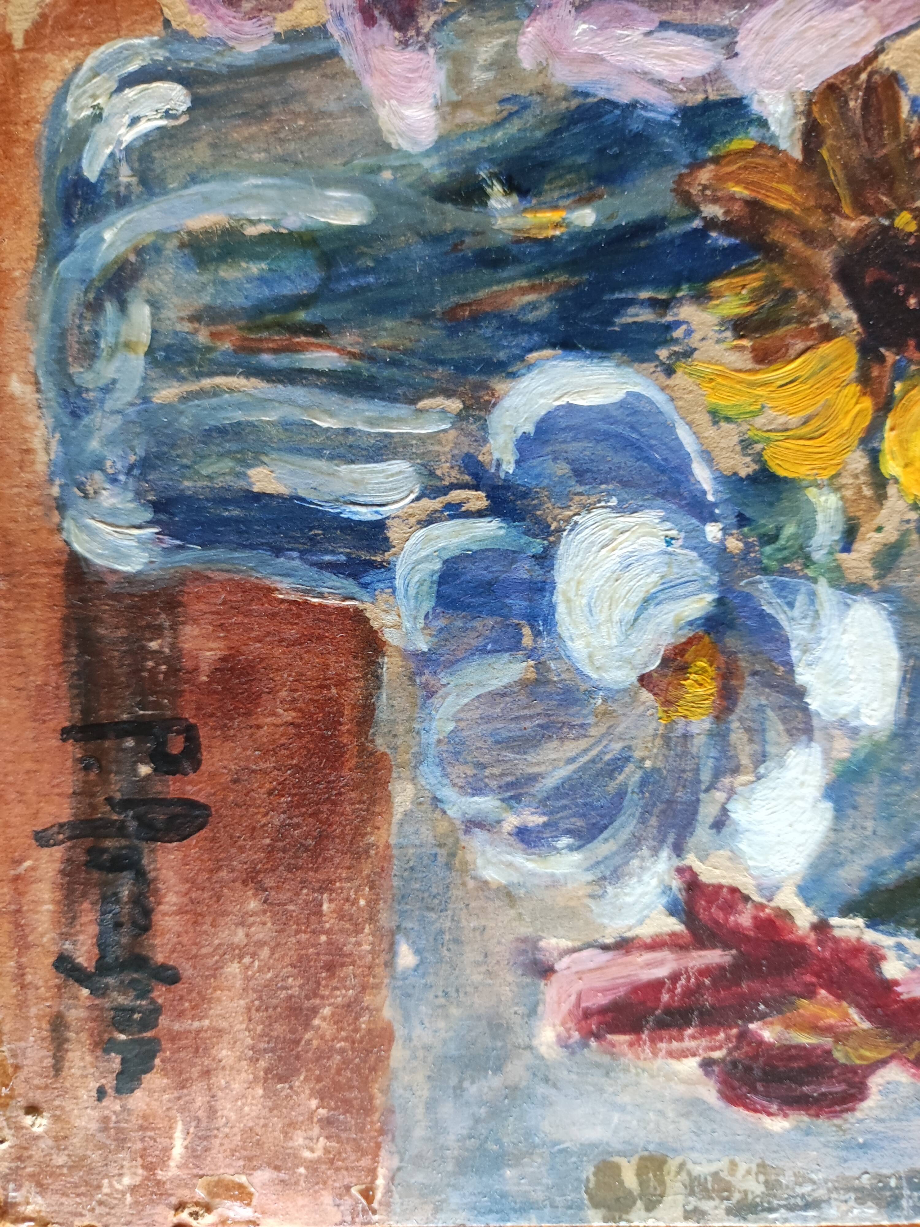 Huile sur carton P. Aragon bouquet