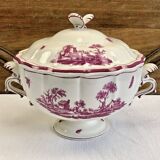 Antique large Gien vegetable soup tureen, pink landscape model, 1938/1960