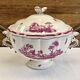 Antique large Gien vegetable soup tureen, pink landscape model, 1938/1960