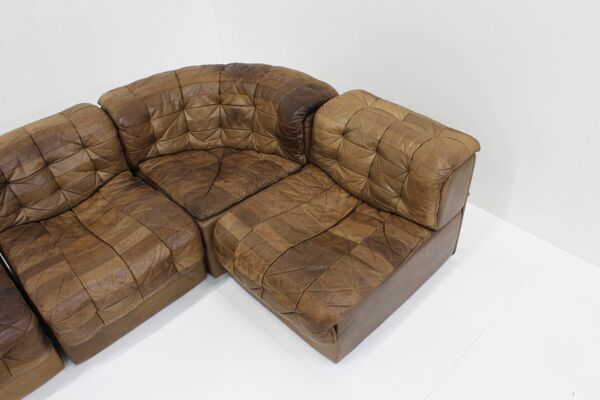 Canapé modulable vintage De Sede DS 11 en cuir patchwork marron, lot de 6