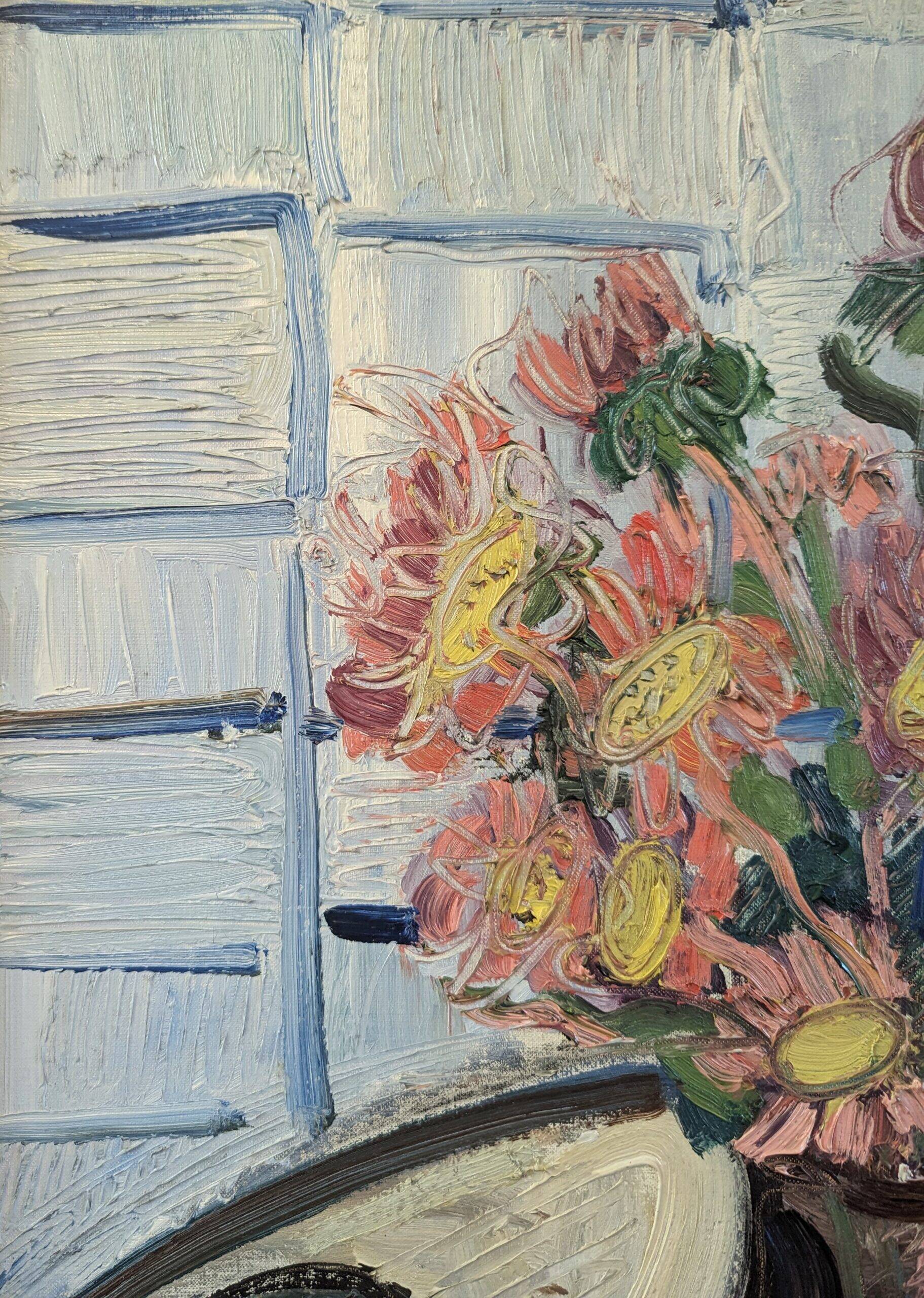 Mid-Century Modern Swedish "Pink Flowers" Vintage Still Life Oil Painting, Framed