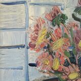 Mid-Century Modern Swedish "Pink Flowers" Vintage Still Life Oil Painting, Framed