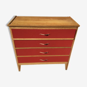 Commode vintage années 1950/60 en chêne tiroirs patinés rouge