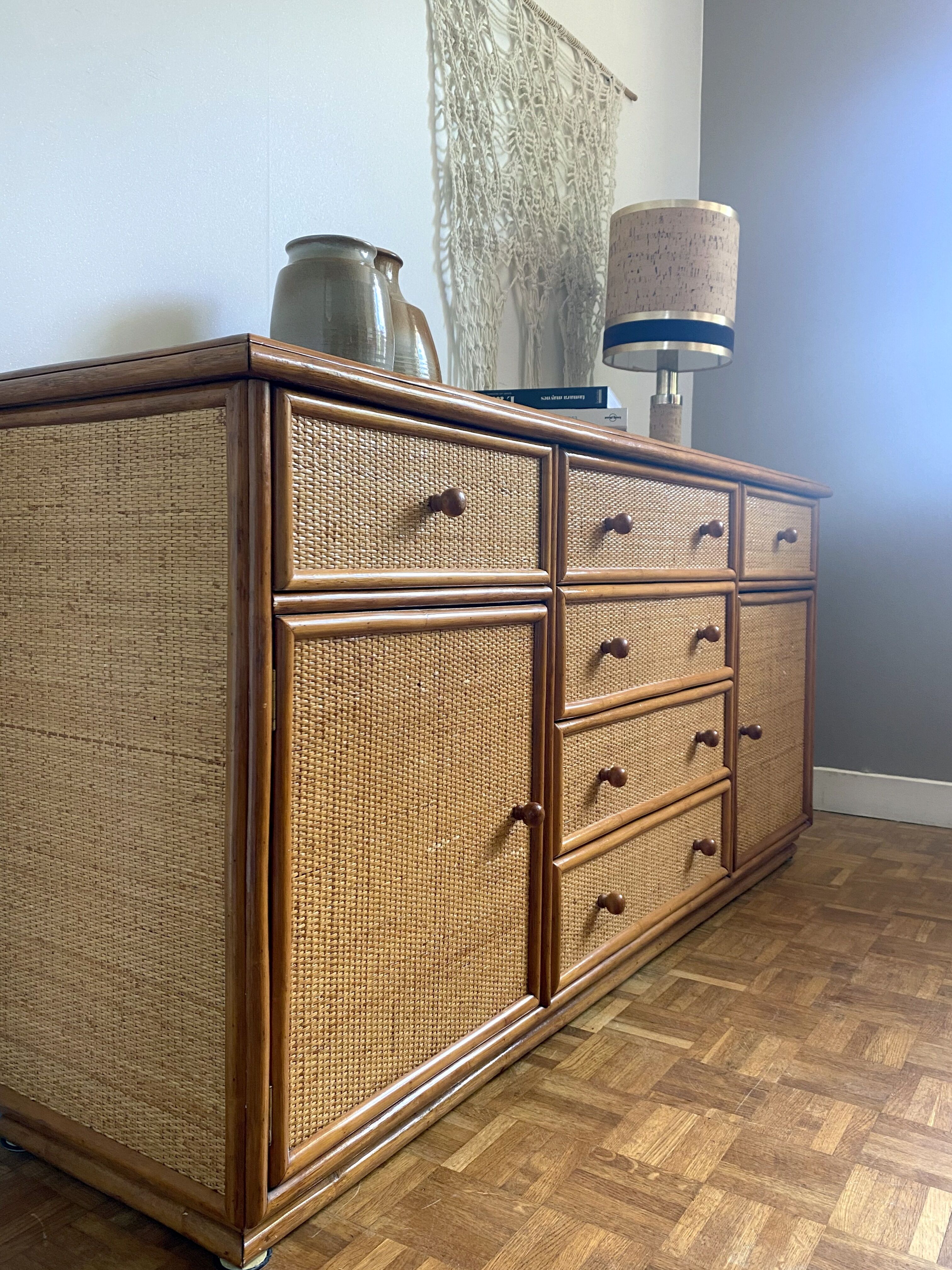 Wood and woven wicker sideboard