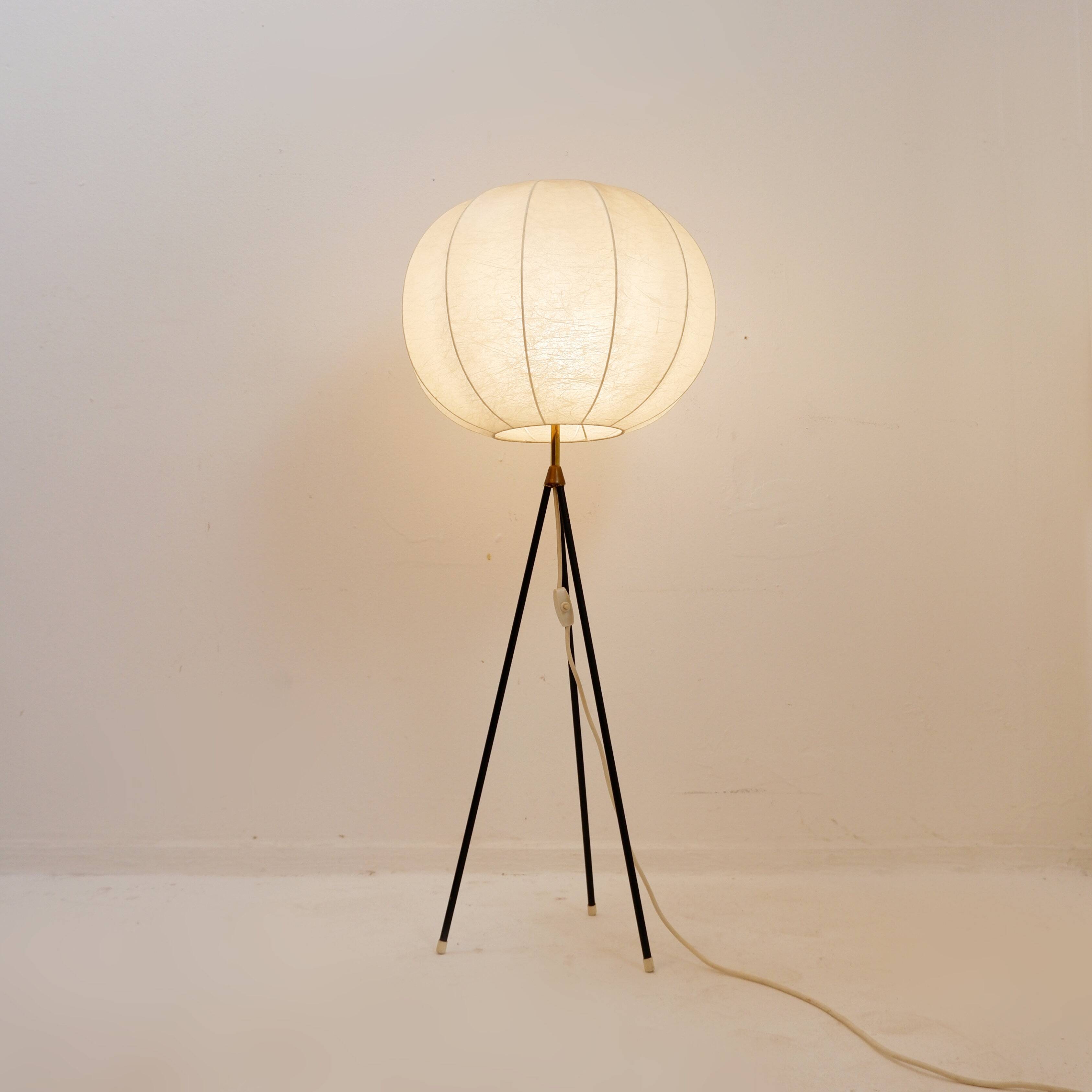 Vintage cocoon tripod floor lamp with brass details, 1960s