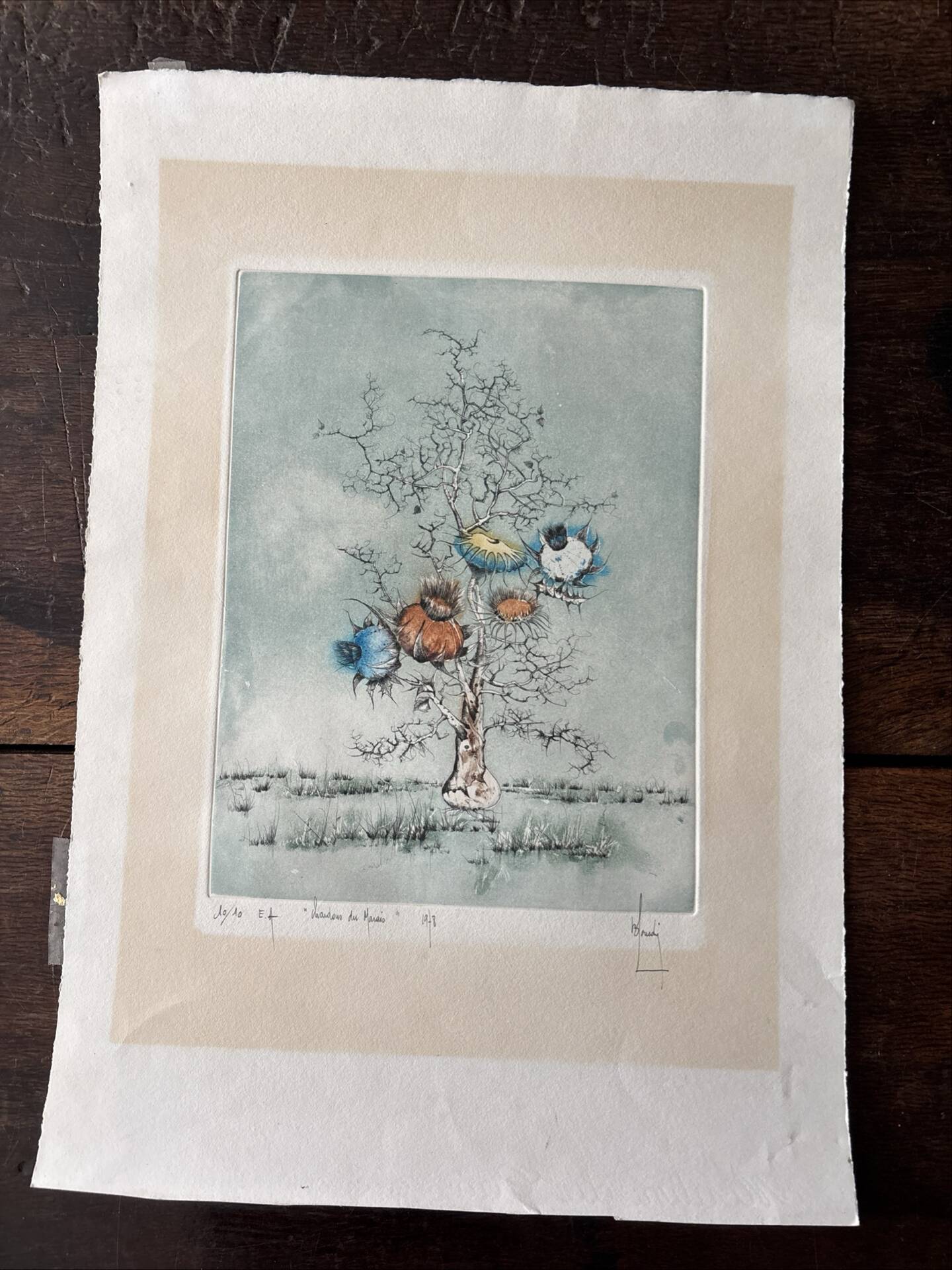Original Engraving Bernard Louedin 1978 "Thistles of the Marsh" Signed Numbered
