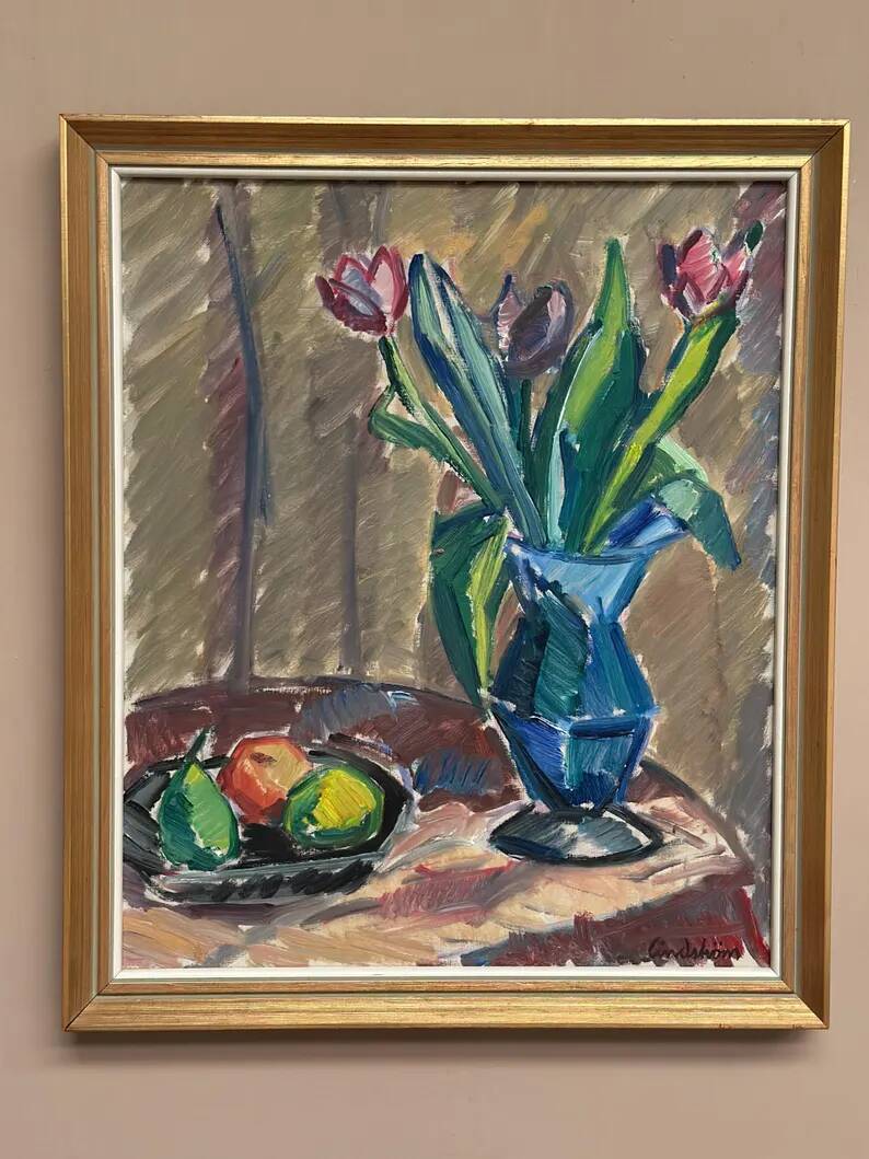 Original Swedish Oil on Canvas - 'Tulips' by Knut Lindström - Signed - Dated 1966 - Framed