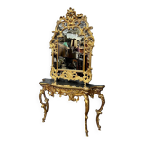 Mirror set with baroque style gilded wood console on marble top.