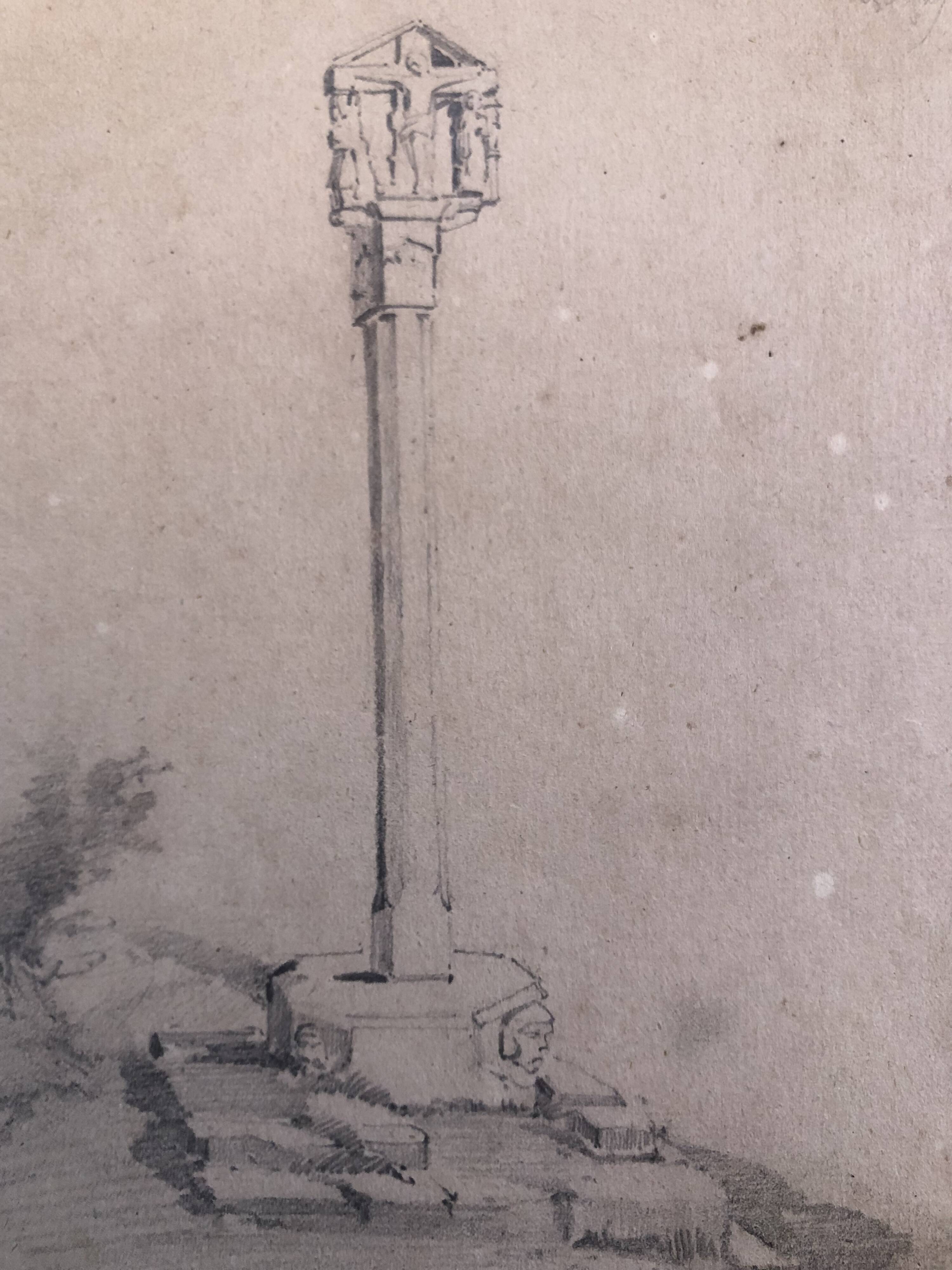 Drawing 1850 pencil croix de st fiacre in auray morbihan brittany 56, signed fm ferdinand moutier