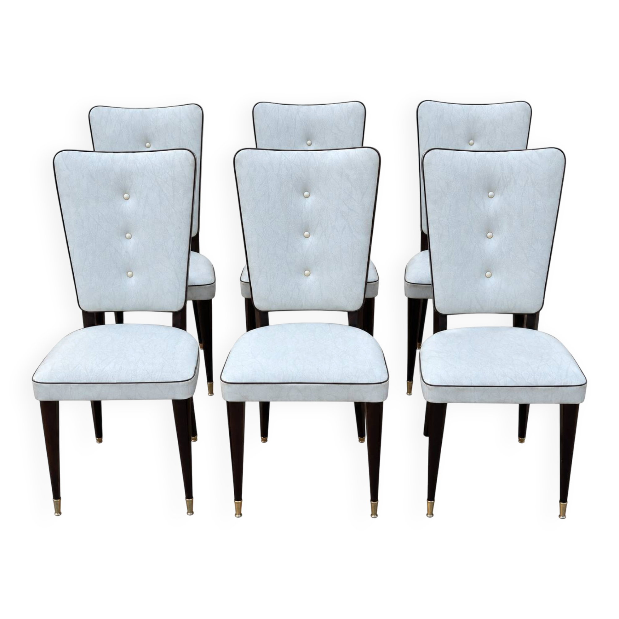 Set of 6 vintage chairs from the 50s-60s – Blue faux leather – Tapered legs
