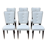 Suite de 6 chaises vintage années 50-60 – Skaï bleu – Pieds compas