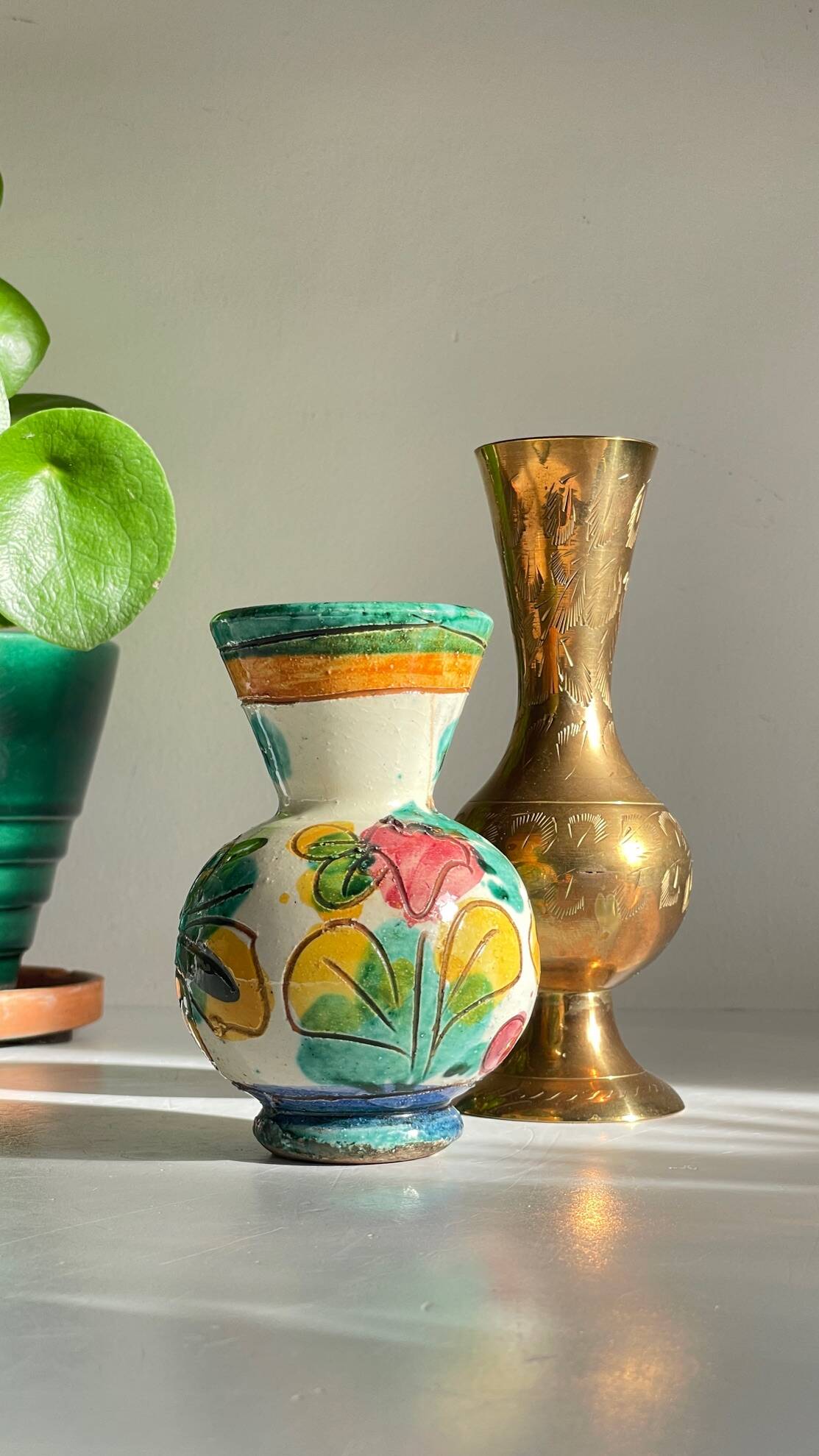 Vases céramique artisanale laiton ciselé vintage