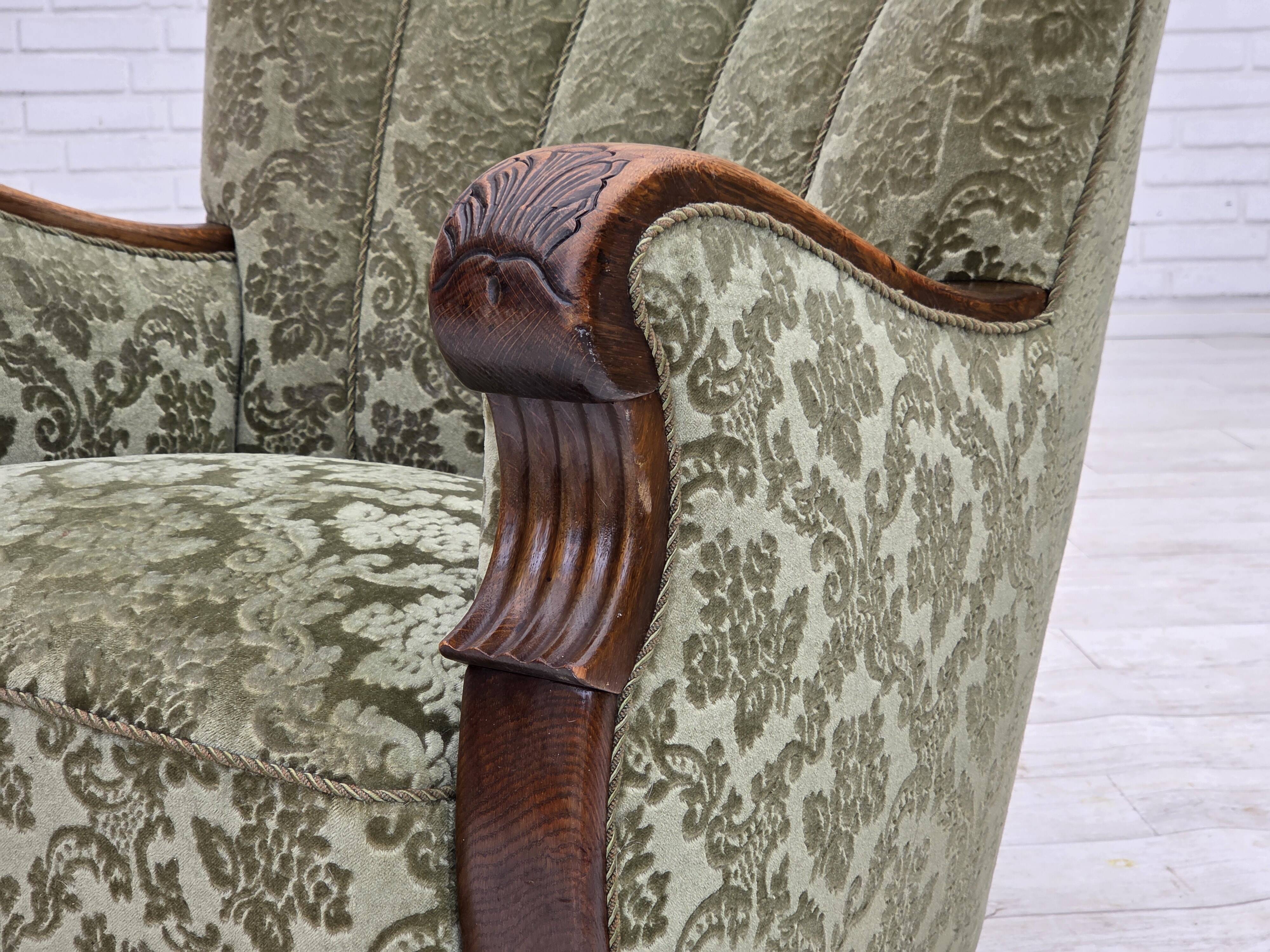 1960s, Danish armchair, green furniture velour, solid oak wood.