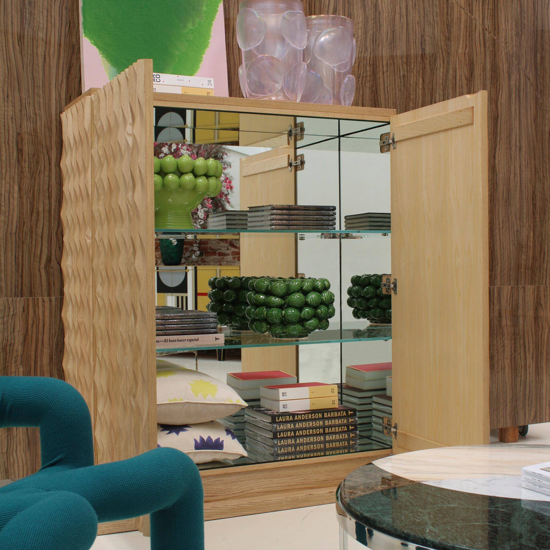 Brutalist Style Hand-carved Solid Oak Wood and Glass Mirror Italian Bar Cabinet