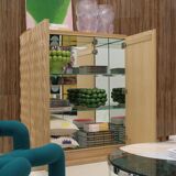 Brutalist Style Hand-carved Solid Oak Wood and Glass Mirror Italian Bar Cabinet