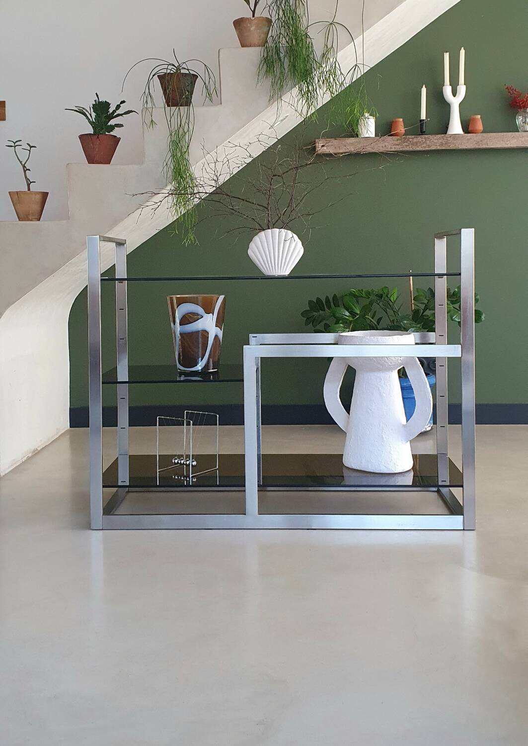 Metal and smoked glass console 1970