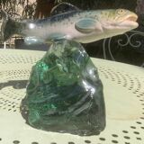 Ceramic trout on glass rock, 1950s, signed