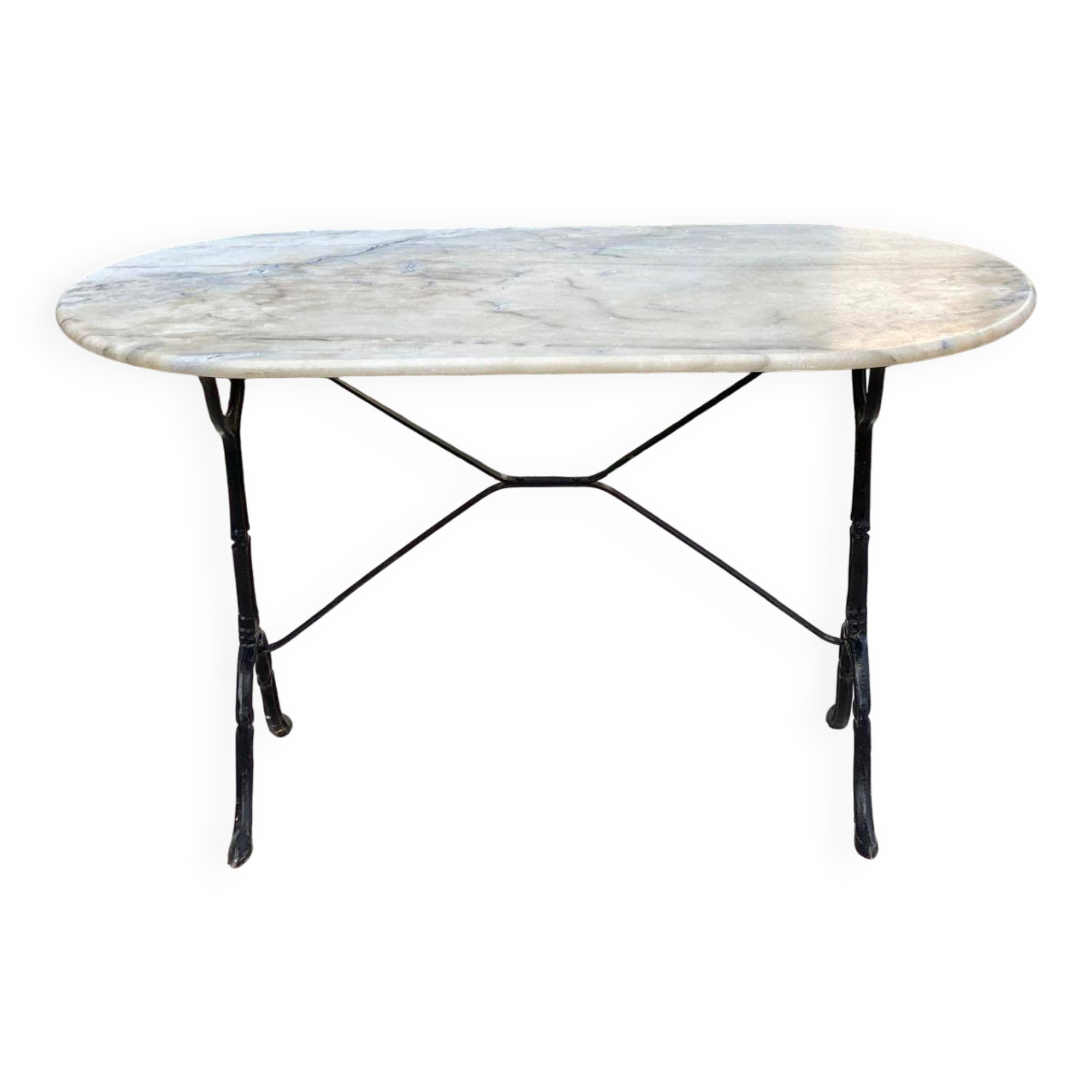 Table de bistrot marbre ovale et acier noir 4 couverts 120cm