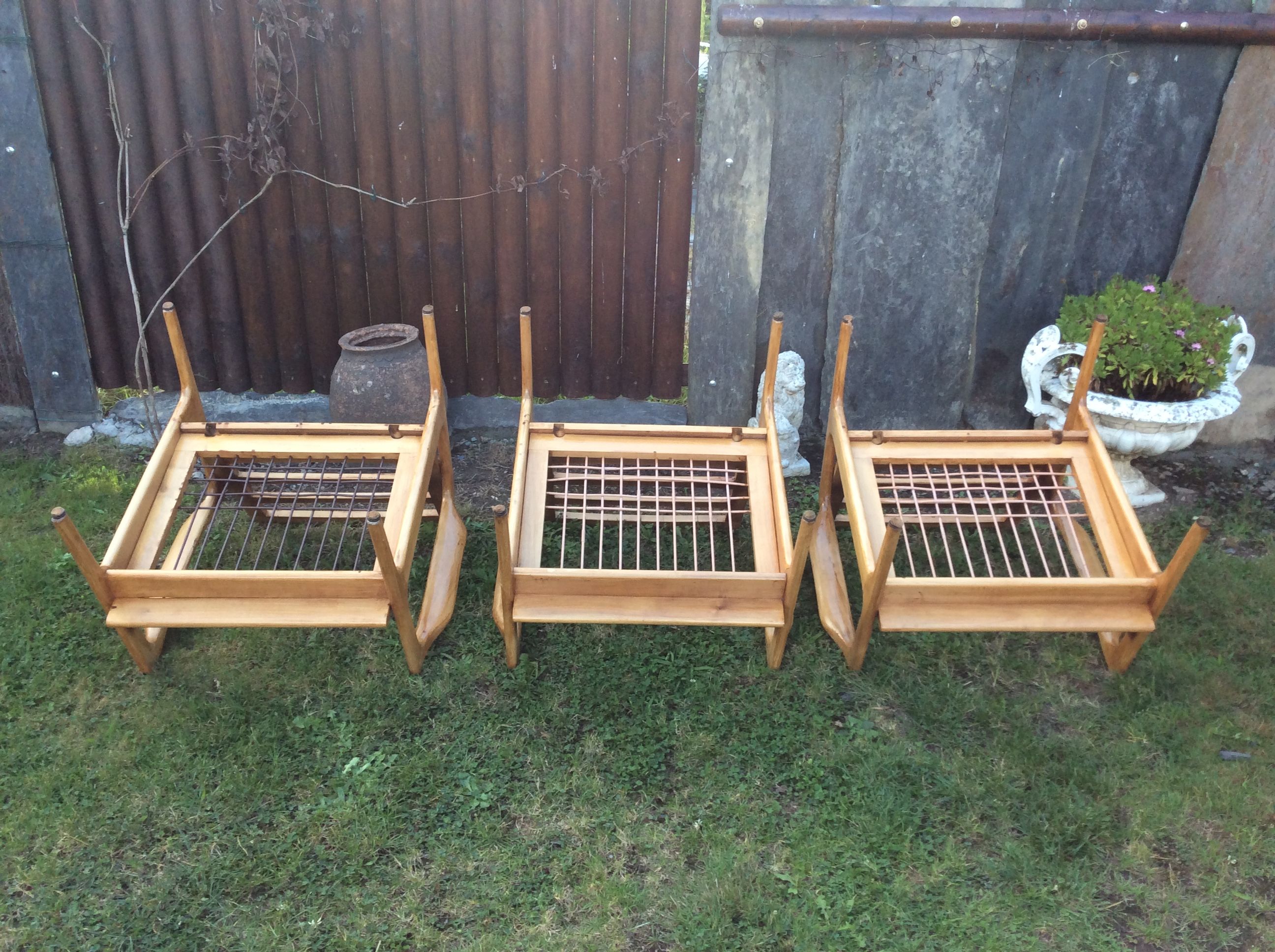 Vintage Scandinavian bench and armchairs of 4 pieces, 1 bench and 3 armchairs.