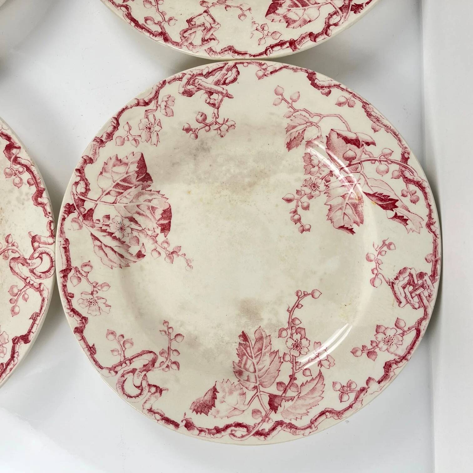Set of 4 flat plates KG Lunéville Terre de fer, "Fontainebleau", pink, 19th century