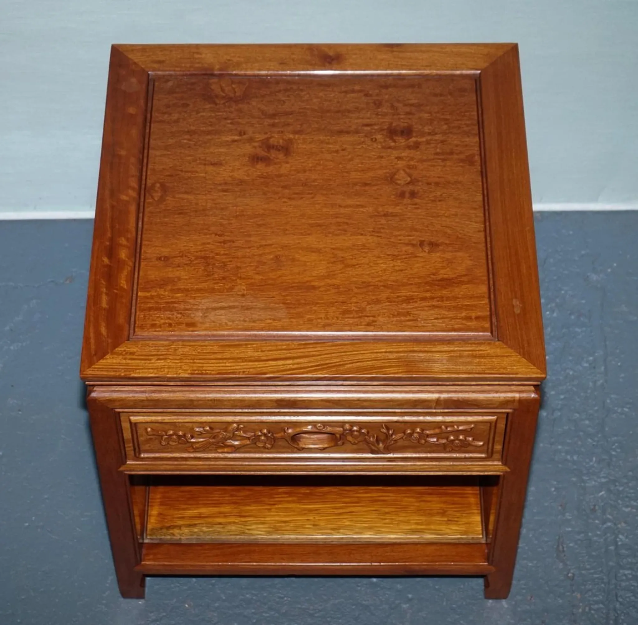 Vintage Oriental Teak Bedside Table with Drawer and Shelf, China