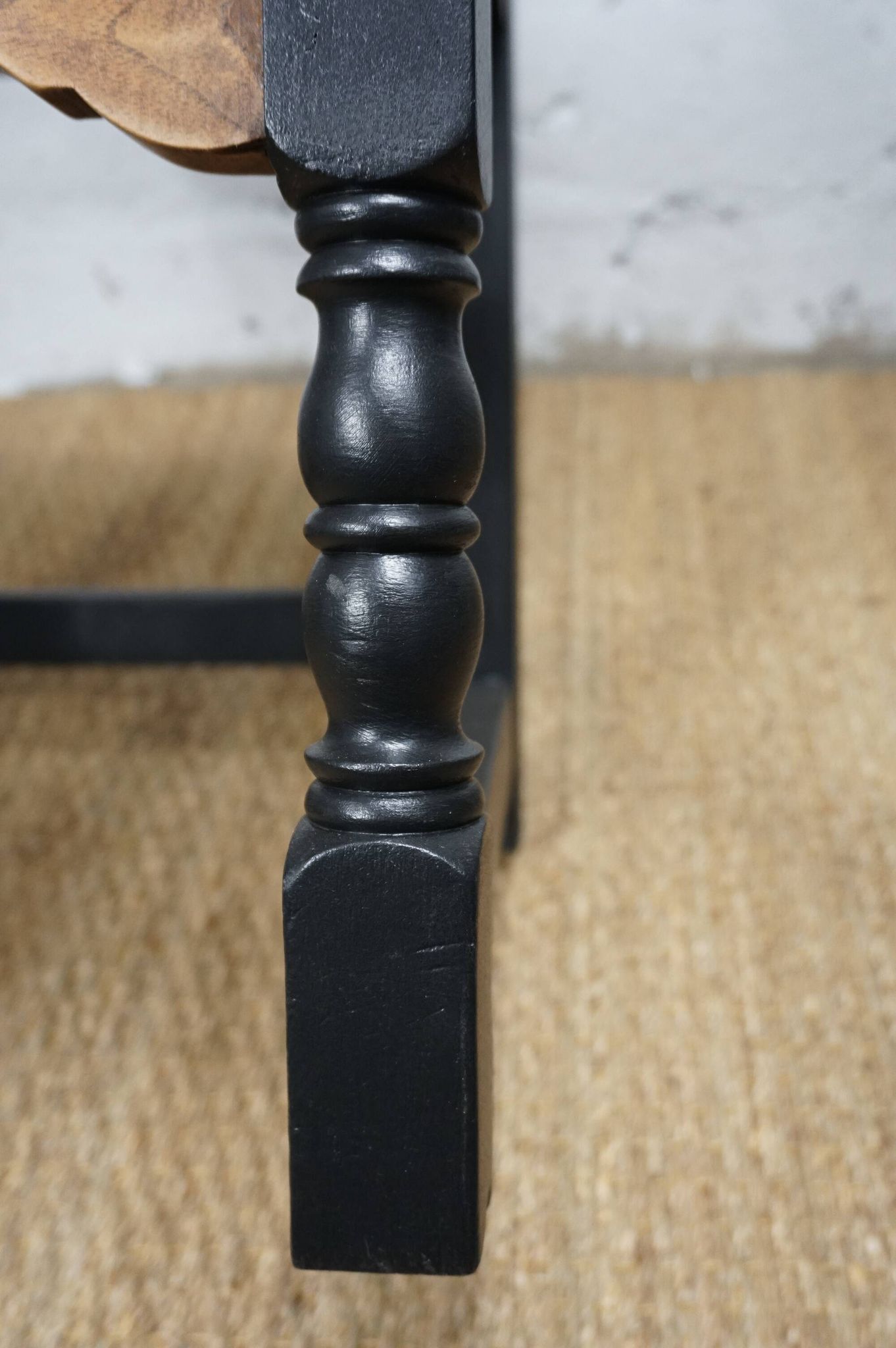 Pair of brutalist wooden chairs revamped in black, duck green fabric seat