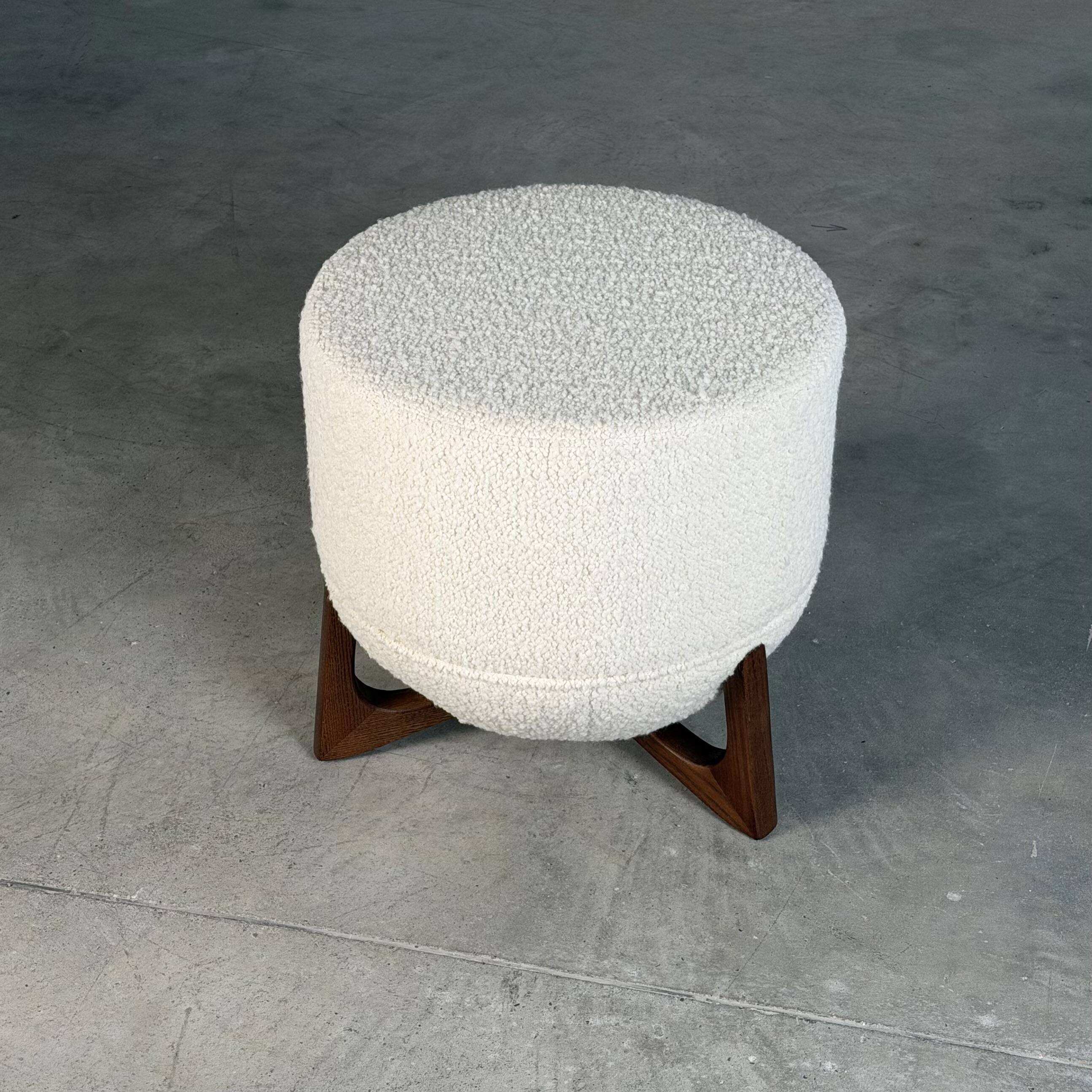 Totemo stool by forme, ivory dedar bouclé upholstery, walnut legs