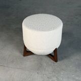 Totemo stool by forme, ivory dedar bouclé upholstery, walnut legs