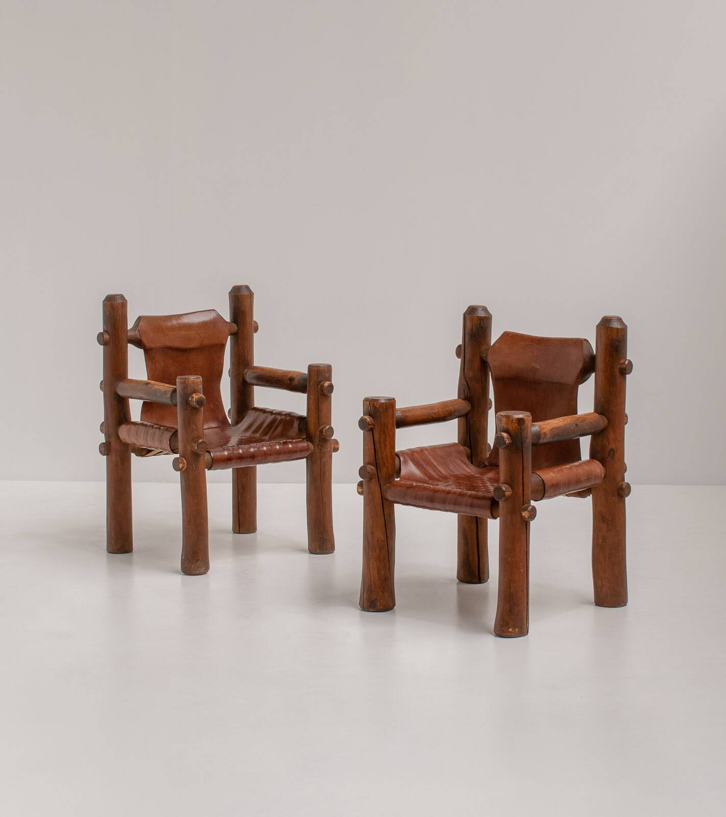 Brutalist Armchairs in Saddle Leather, Hungary, 1970s