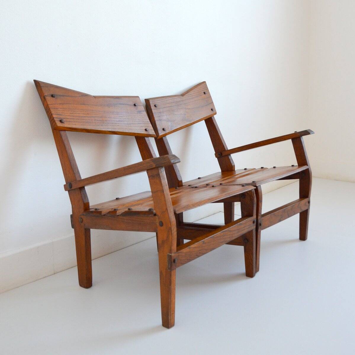 Armchairs convertible into Brutalist Bench in solid wood 1940 vintage