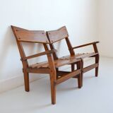 Armchairs convertible into Brutalist Bench in solid wood 1940 vintage