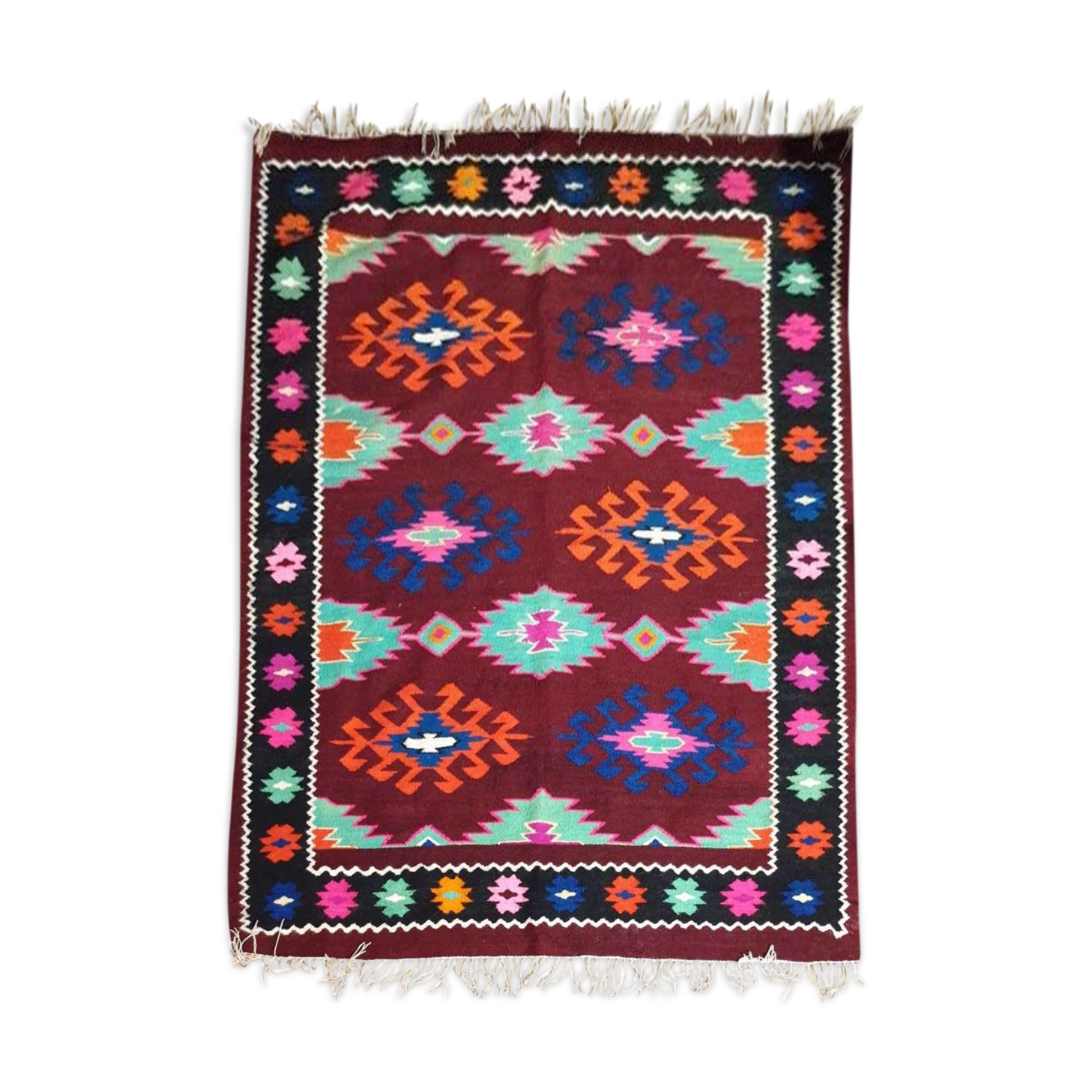 Tapis kilim brun et turquoise roumain avec des couleurs d'accent faites dans des maramures 140x190cm