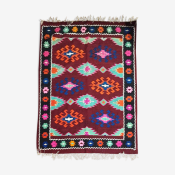 Romanian brown and turquoise kilim with accent colors made in Maramures, geo design 140x190cm