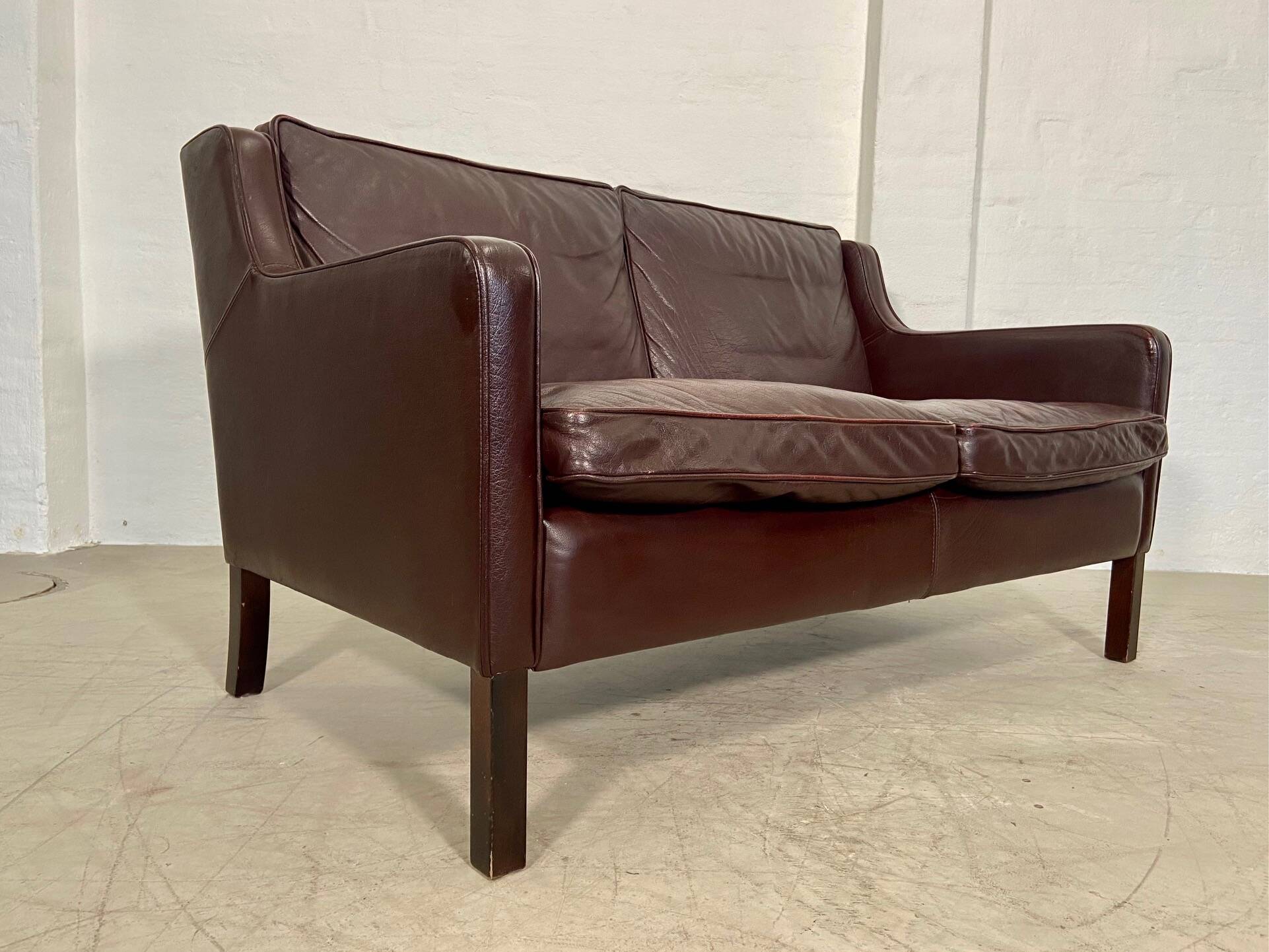 Vintage danish mid century dark cognac leather 2 seater stouby sofa
