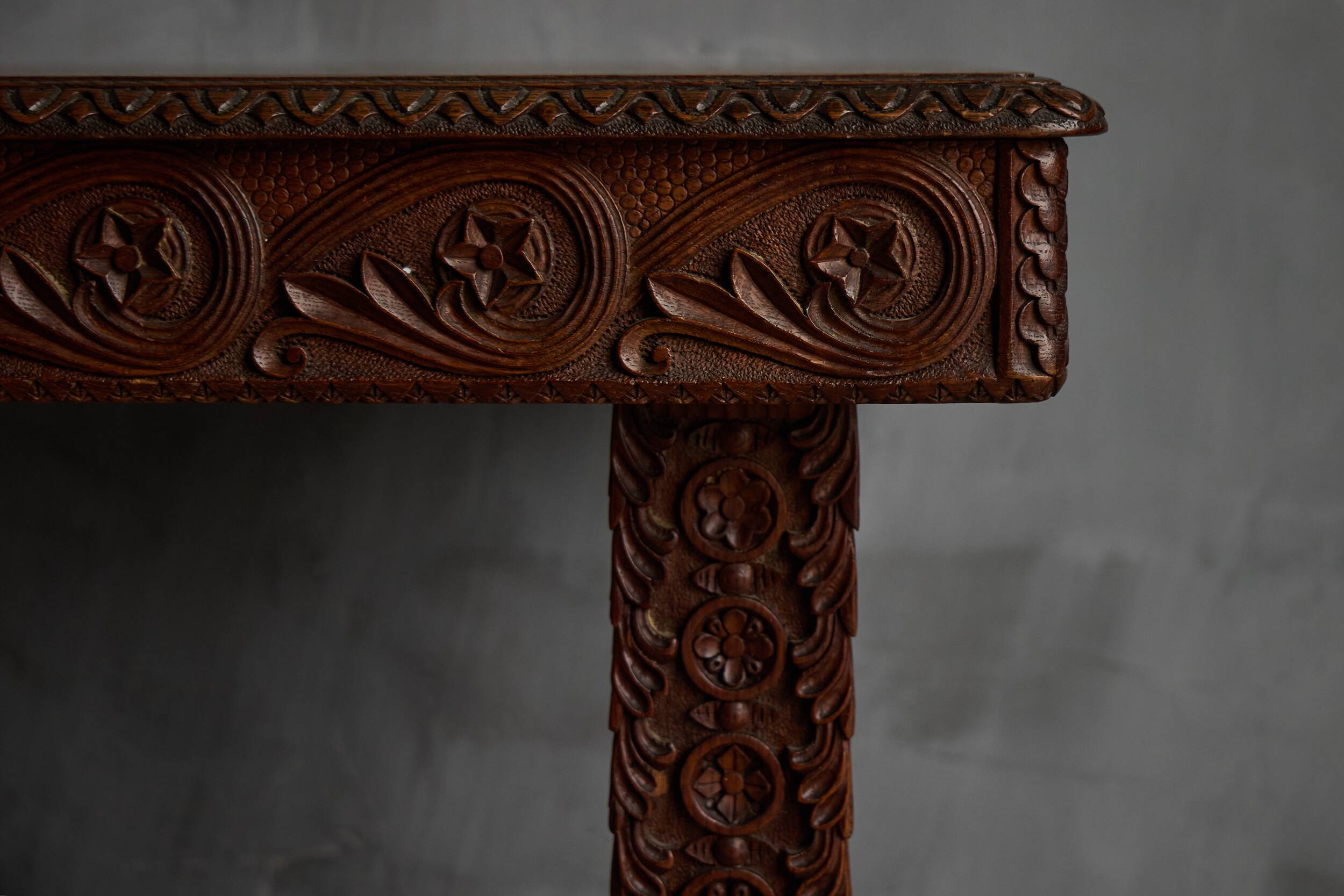 Hand-carved ornate wooden console tables, France, late 19th century