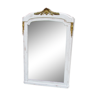 Miroir ancien dessus de cheminée patiné blanc