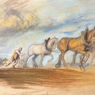 Tableaux study of ploughman and horses Ed. Pannetier (1884-1965)