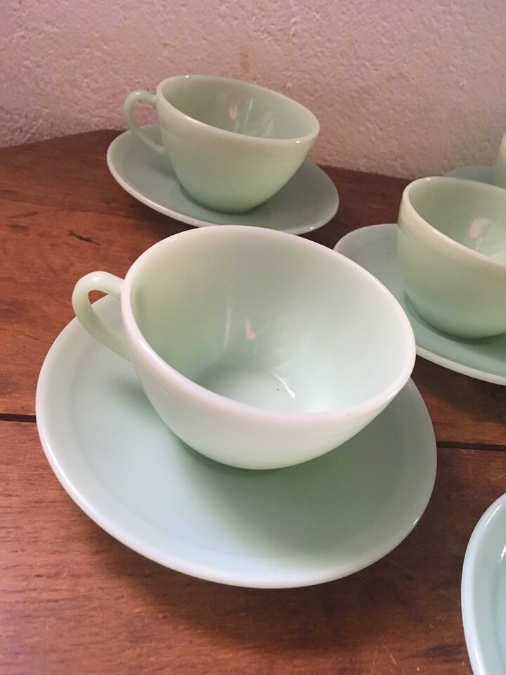 Serves six coffee cups opaline green water 60s.
