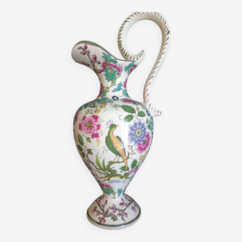 Handmade ceramic ewer, bird of paradise motifs, signed and numbered