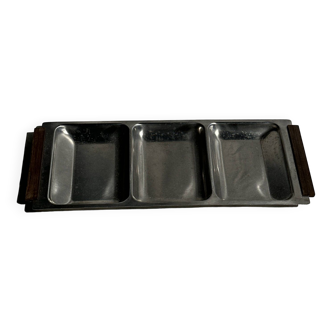 Metal tray 3 compartments with wooden handles