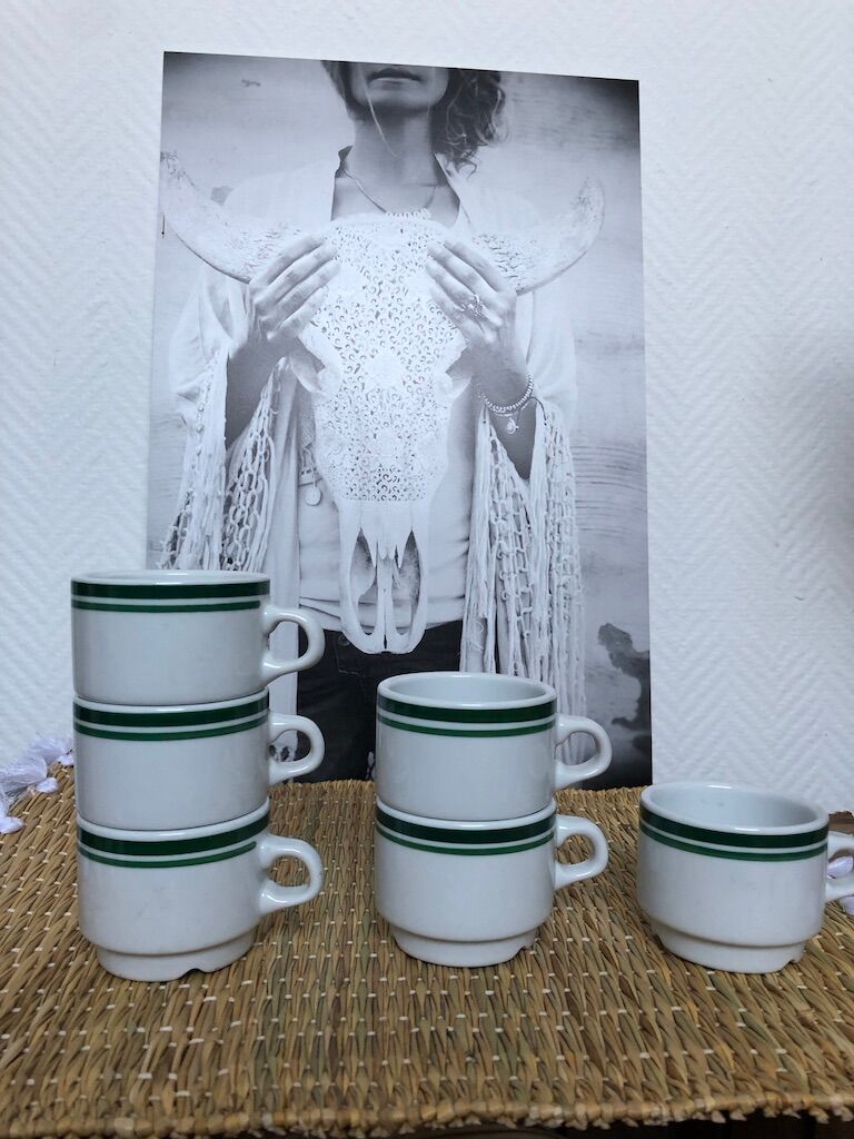 Lot 6 white porcelain cups green stripe