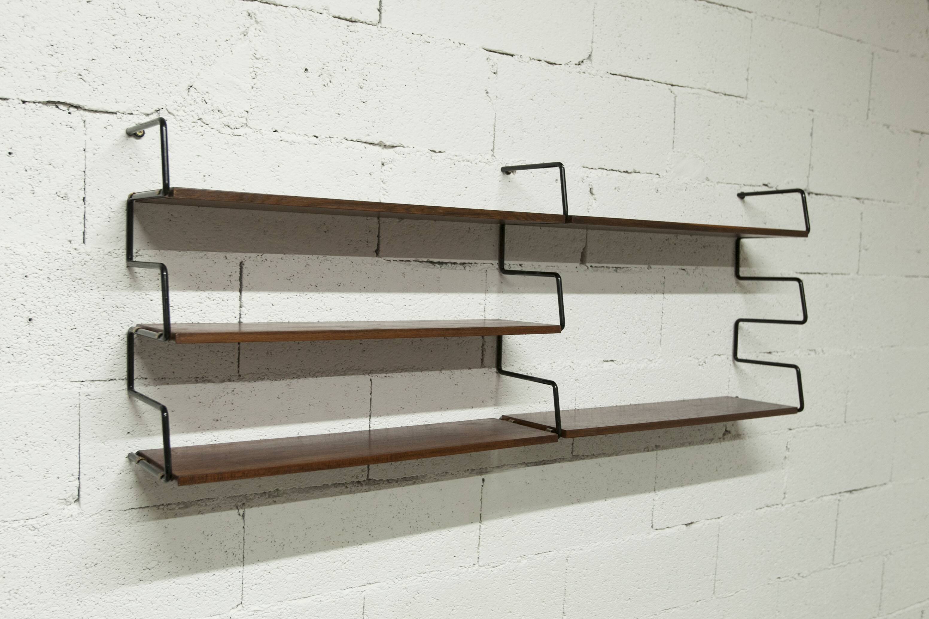Zigzag string shelf 3 black ladders 5 teak shelves 1950