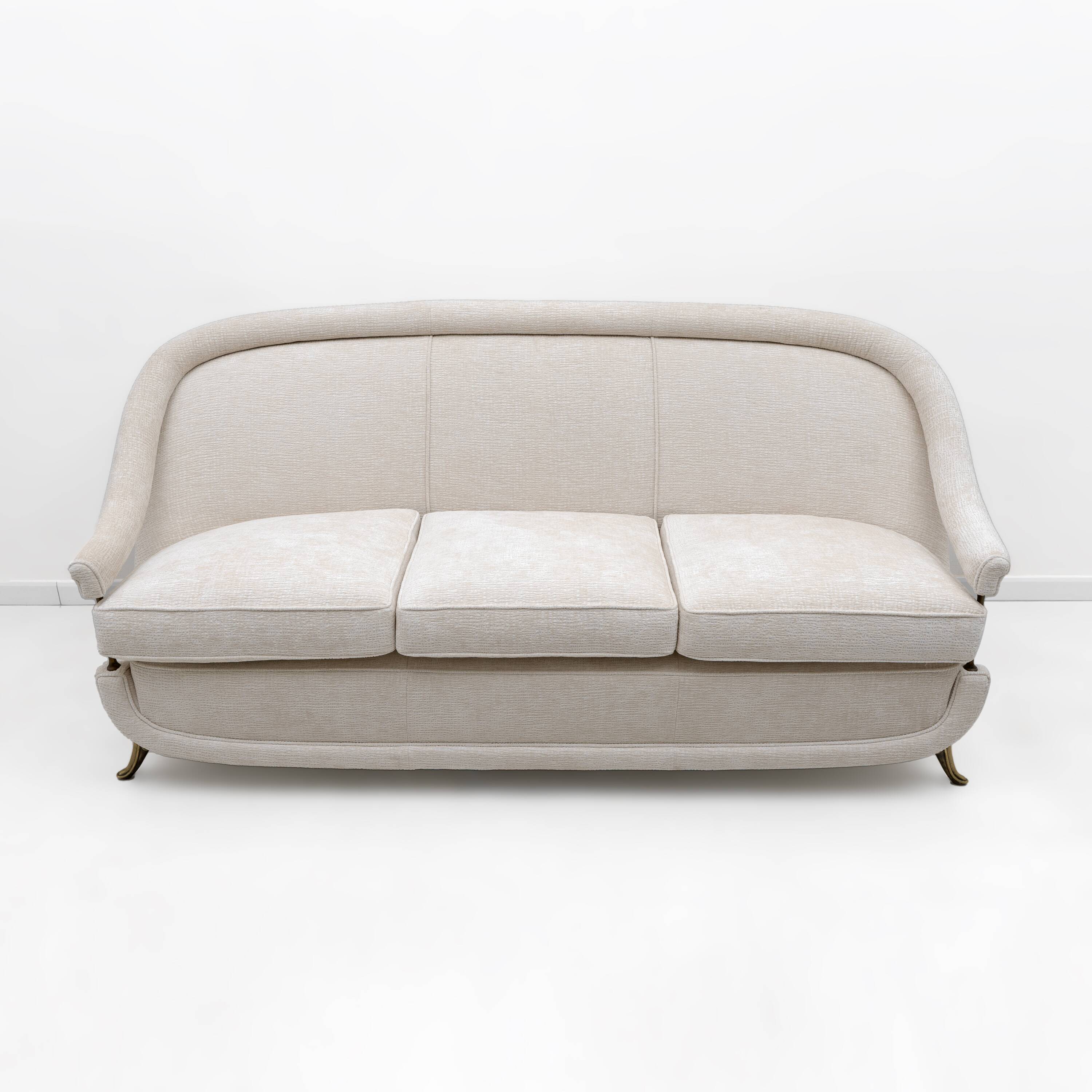 French of Mid-Century Sofa in Art Deco Style with Brass Details, 1950s