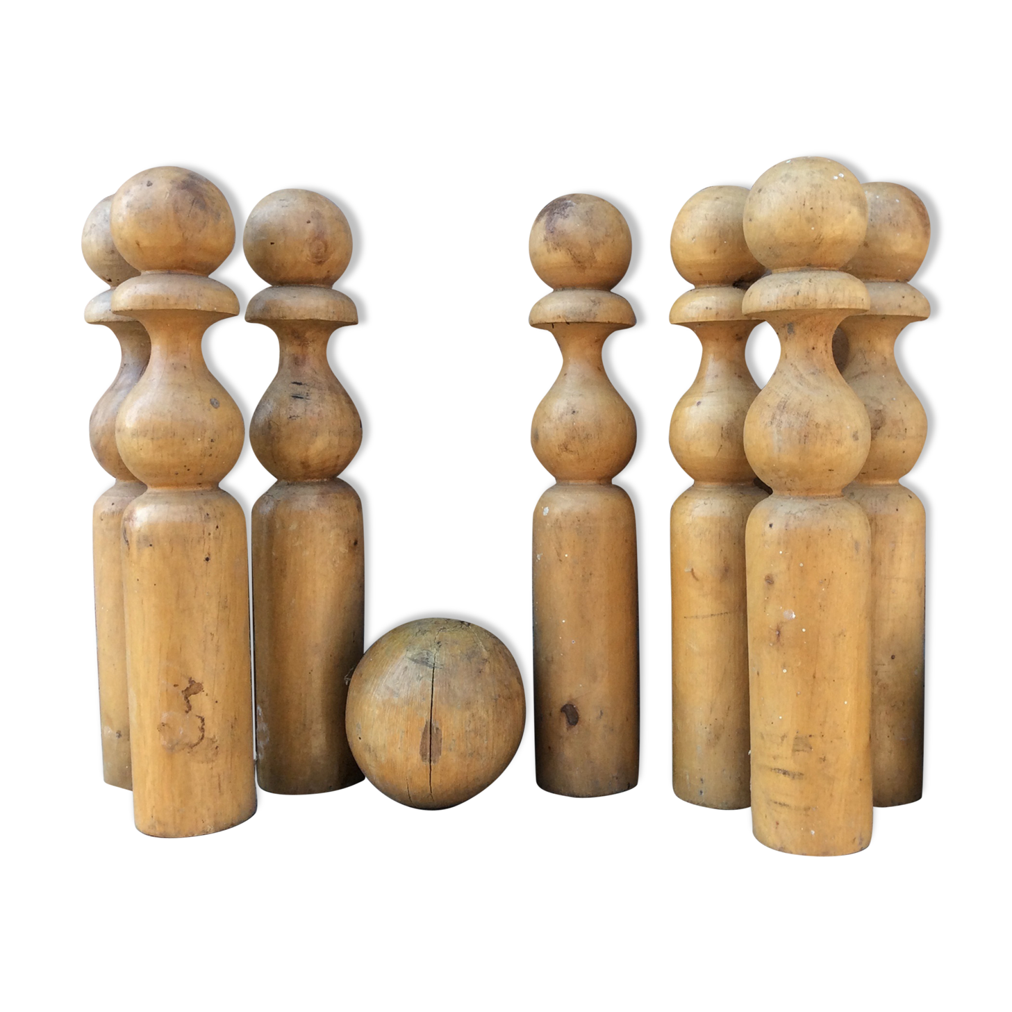Wooden bowling and 2 vintage balls