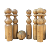 Wooden bowling and 2 vintage balls