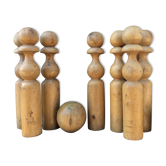 Wooden bowling and 2 vintage balls