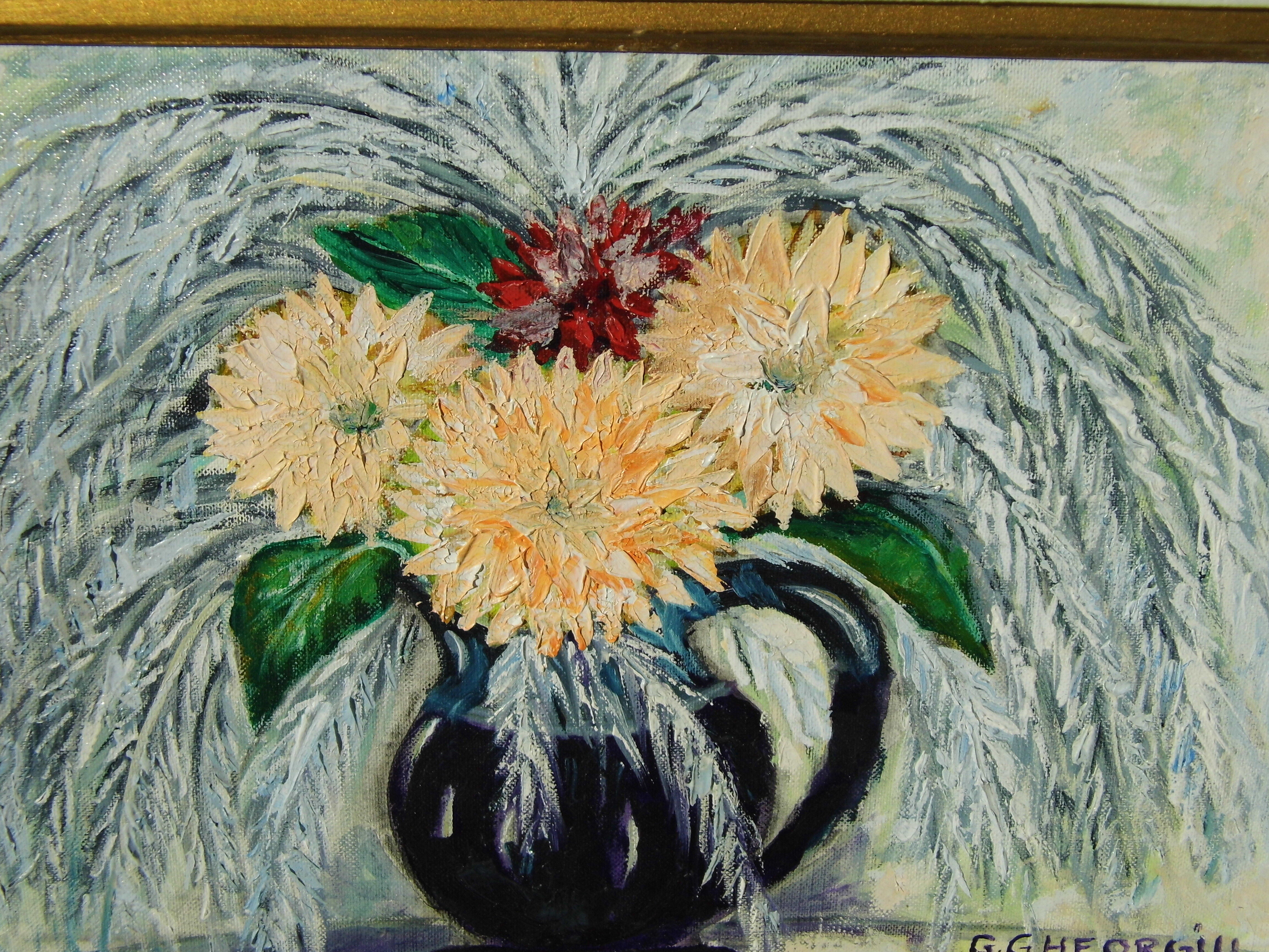 Ancient painting oil on canvas sign g. gheorgiu vase of flowers peony tbe