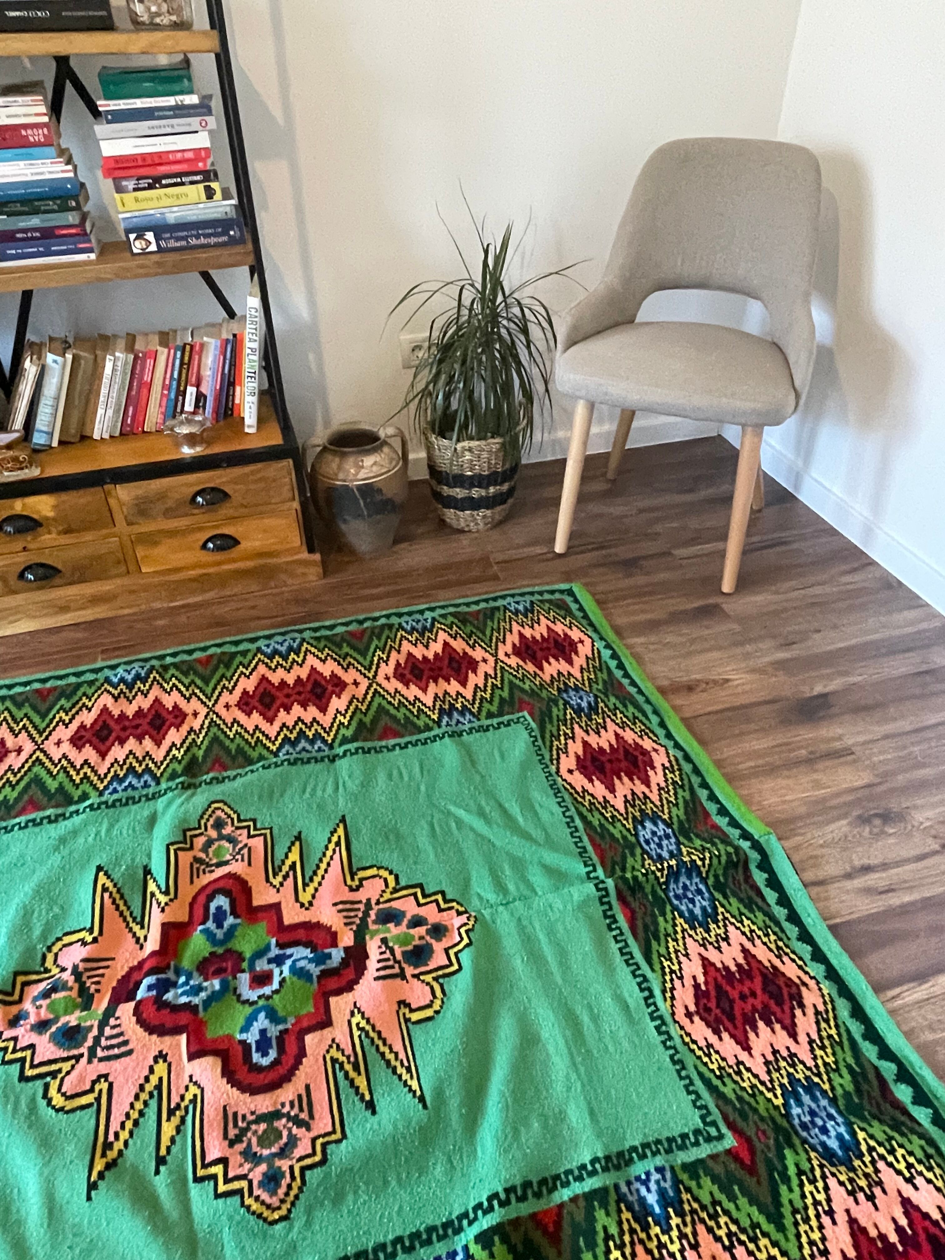 Romanian flatwoven rug geometrical design on a green turquoise background, 158x185 cm