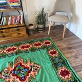 Romanian flatwoven rug geometrical design on a green turquoise background, 158x185 cm